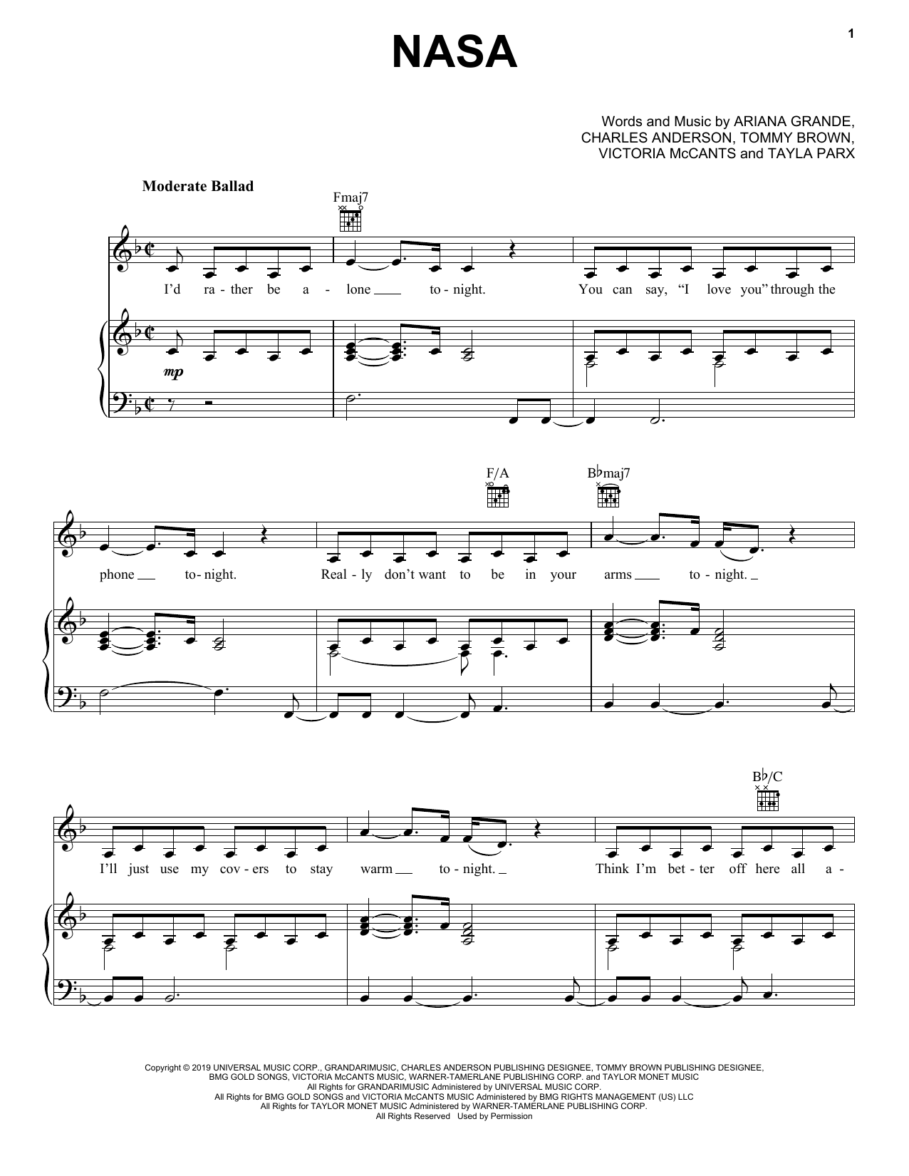 Ariana Grande NASA Sheet Music Notes & Chords for Piano, Vocal & Guitar (Right-Hand Melody) - Download or Print PDF