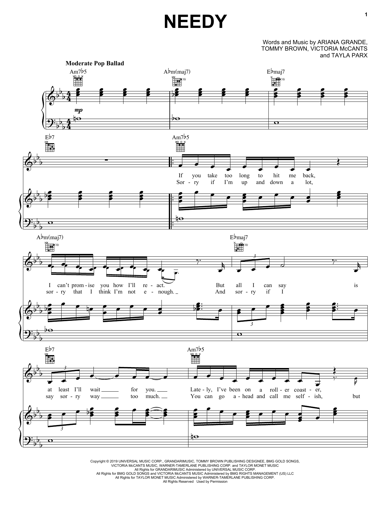 Ariana Grande Needy Sheet Music Notes & Chords for Piano, Vocal & Guitar (Right-Hand Melody) - Download or Print PDF