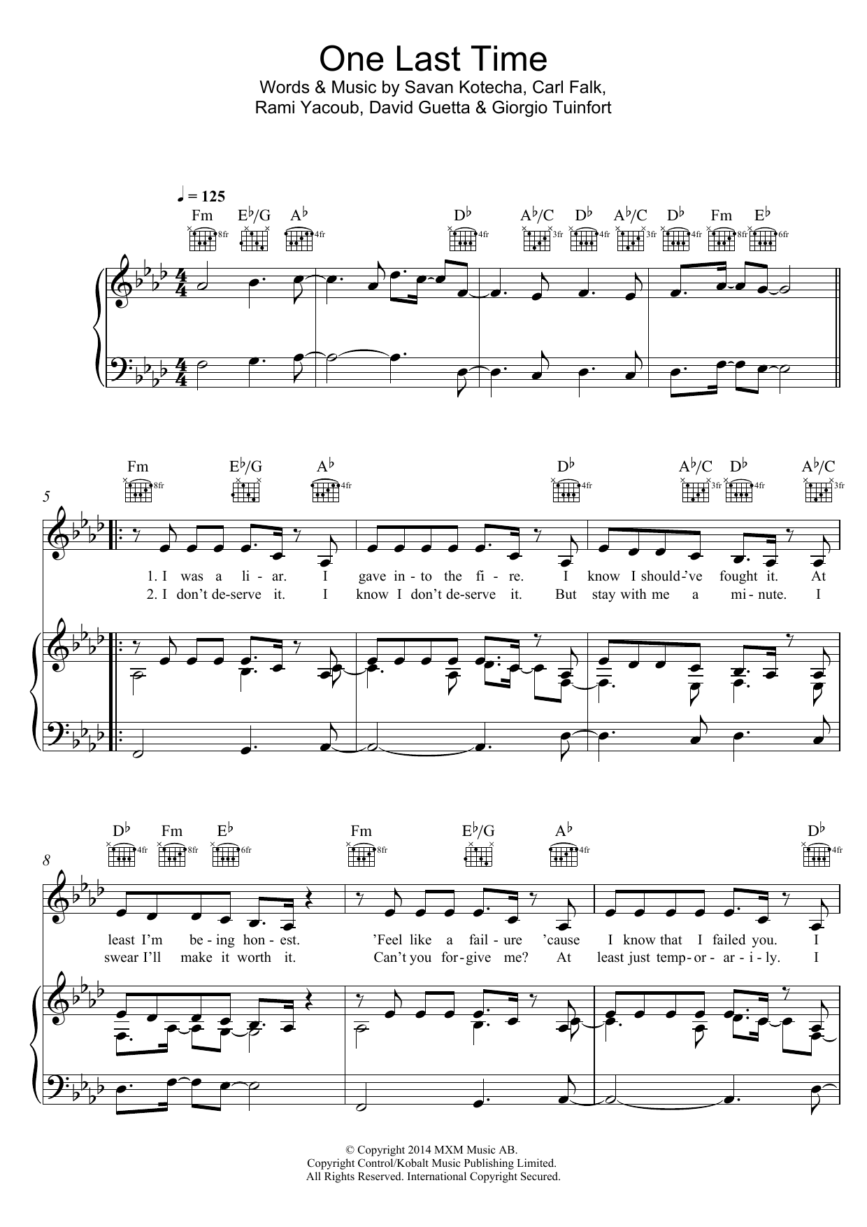 Ariana Grande One Last Time Sheet Music Notes & Chords for Piano, Vocal & Guitar (Right-Hand Melody) - Download or Print PDF