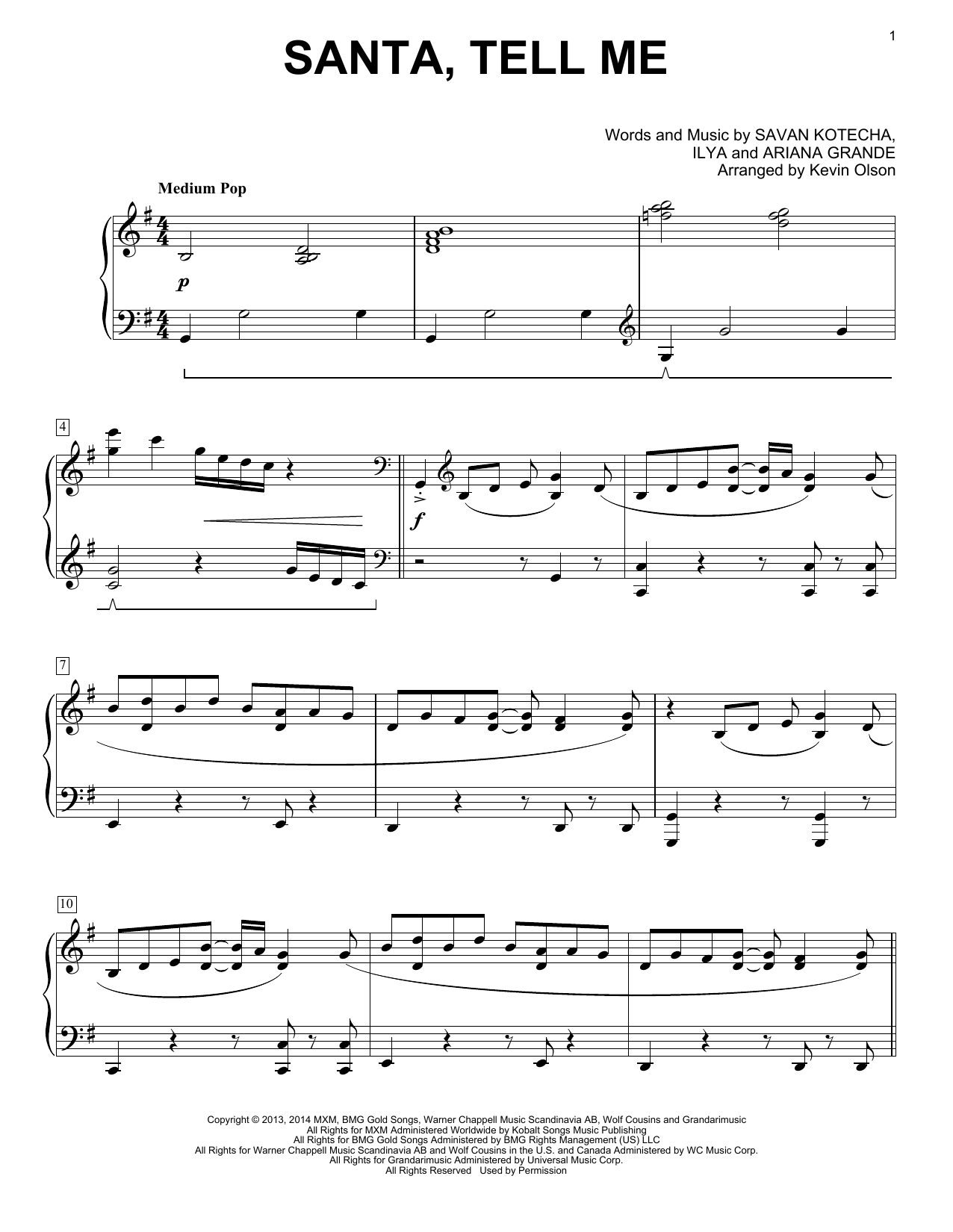 Ariana Grande Santa Tell Me (arr. Kevin Olson) Sheet Music Notes & Chords for Easy Piano Solo - Download or Print PDF