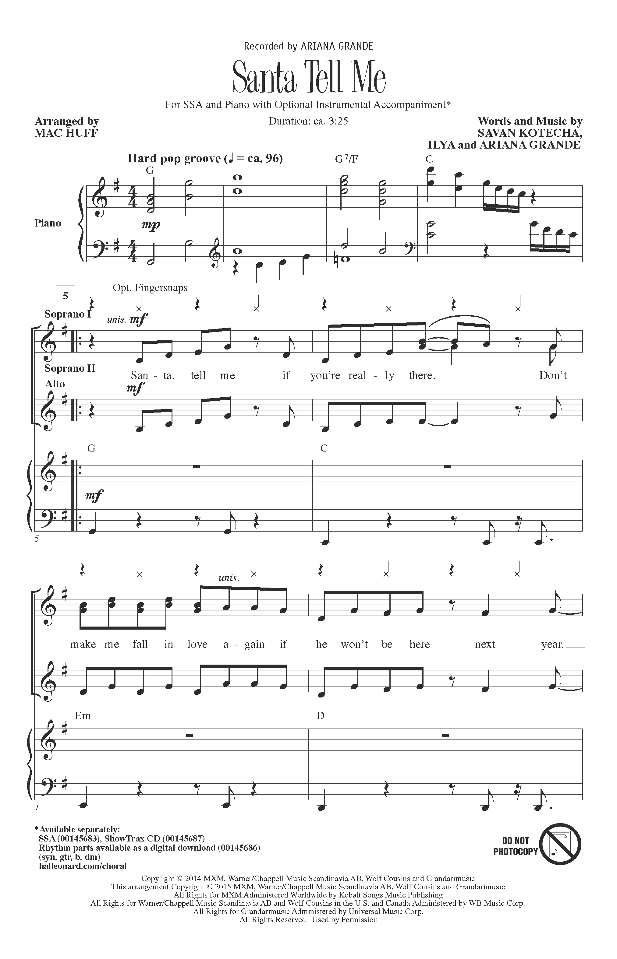 Ariana Grande Santa Tell Me (Arr. Mac Huff) Sheet Music Notes & Chords for SSA - Download or Print PDF