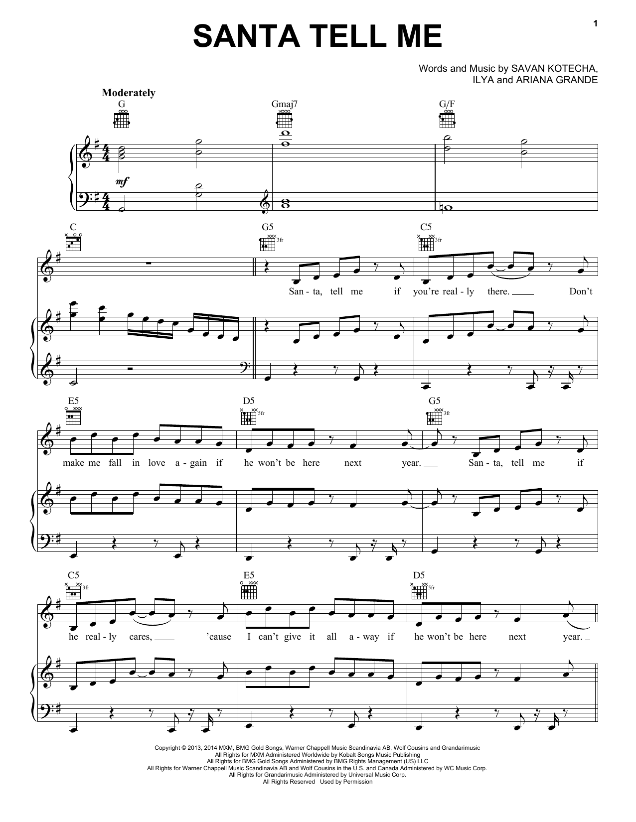 Ariana Grande Santa Tell Me Sheet Music Notes & Chords for Piano, Vocal & Guitar (Right-Hand Melody) - Download or Print PDF