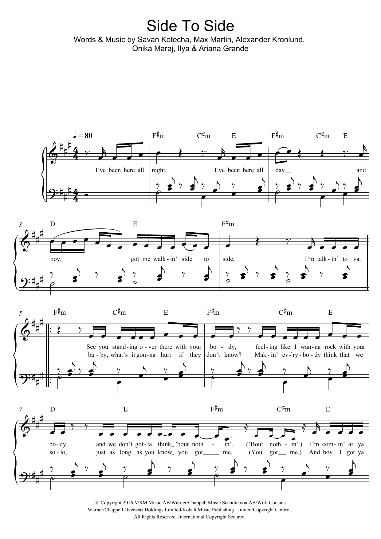 Ariana Grande Side To Side (feat. Nicki Minaj) Sheet Music Notes & Chords for Easy Piano - Download or Print PDF