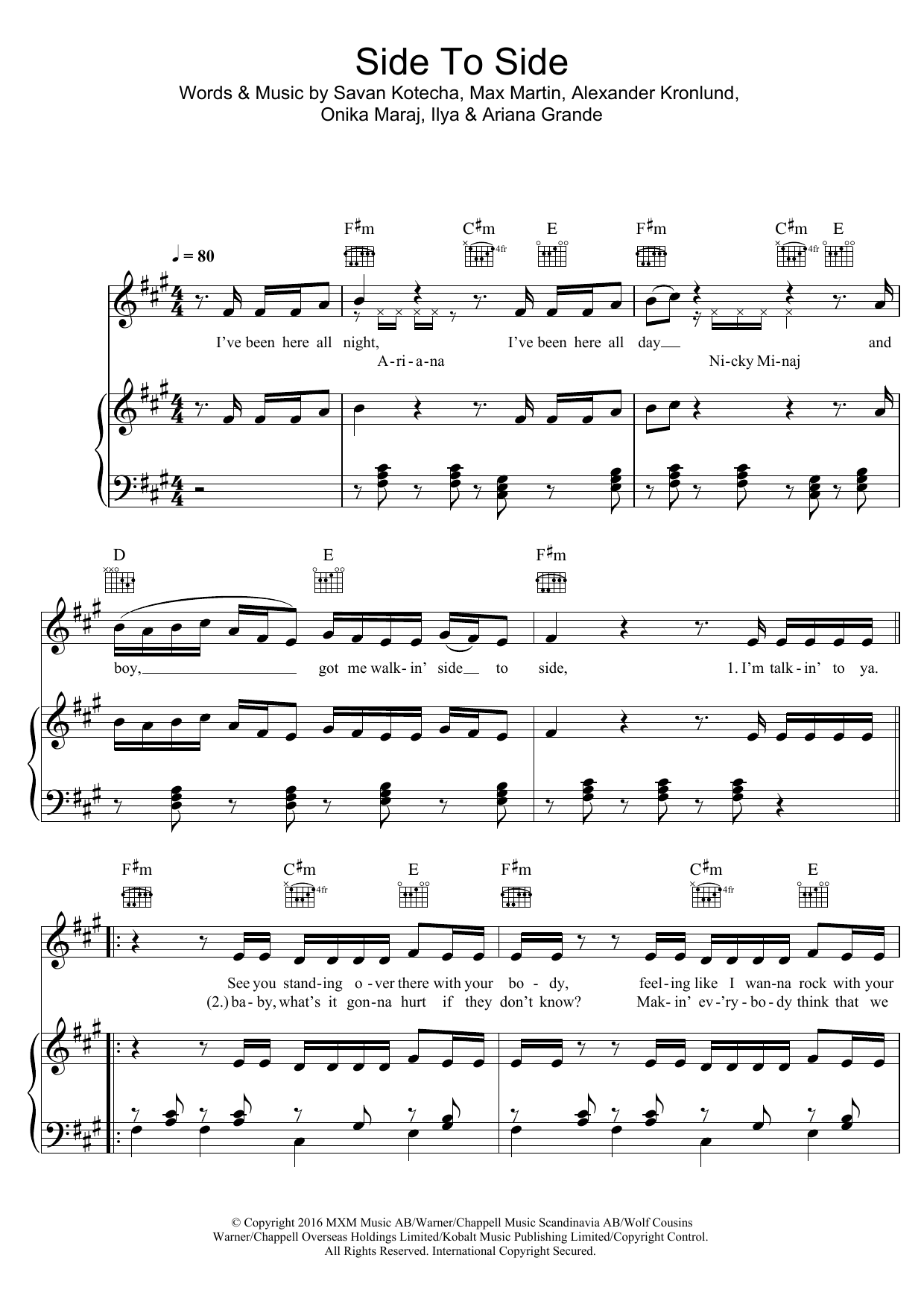 Ariana Grande Side To Side (featuring Nicki Minaj) Sheet Music Notes & Chords for Piano, Vocal & Guitar (Right-Hand Melody) - Download or Print PDF