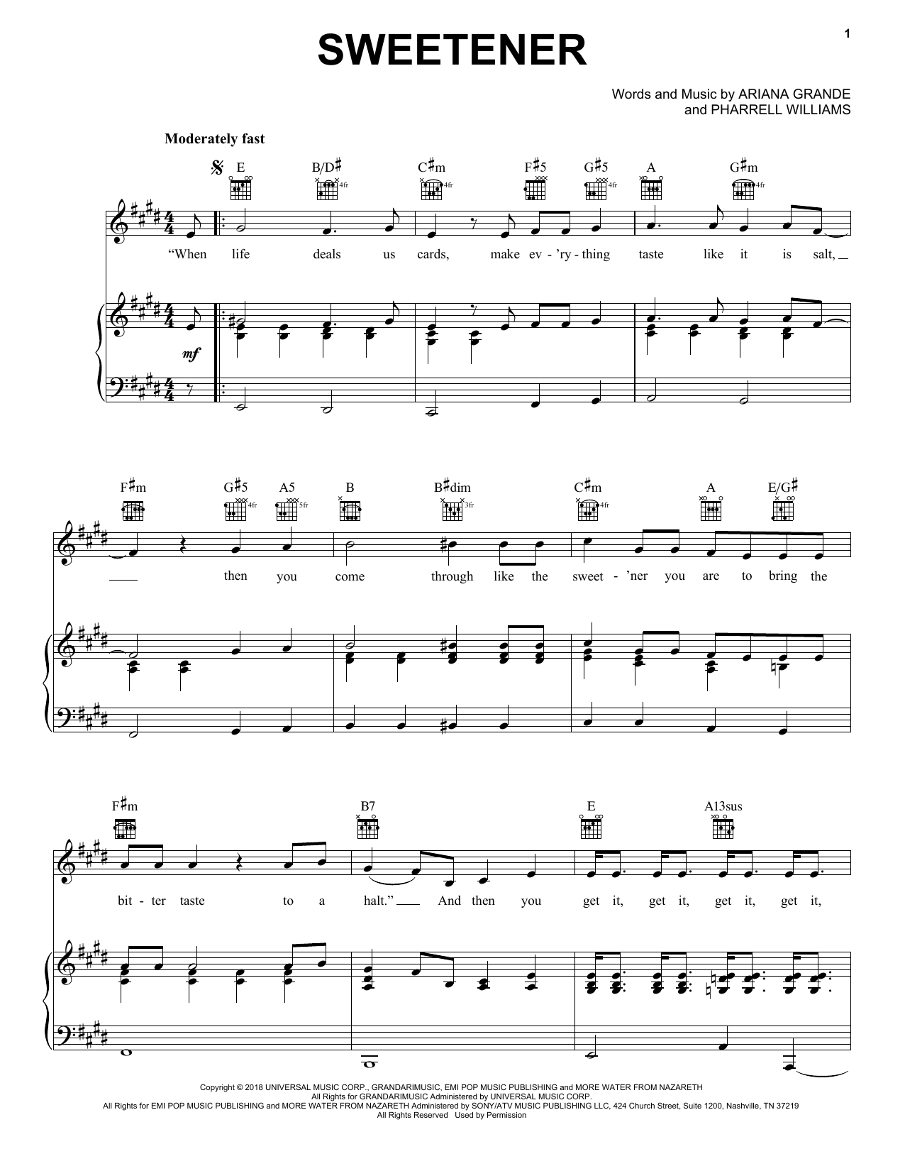 Ariana Grande sweetener Sheet Music Notes & Chords for Piano, Vocal & Guitar (Right-Hand Melody) - Download or Print PDF