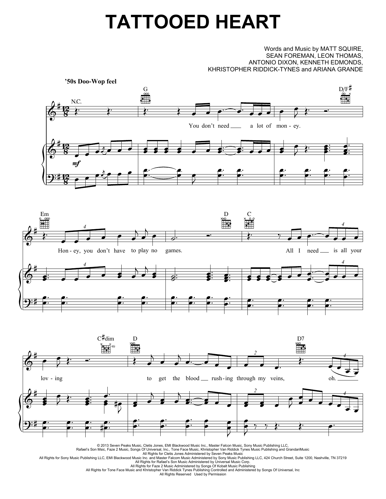 Ariana Grande Tattooed Heart Sheet Music Notes & Chords for Piano, Vocal & Guitar (Right-Hand Melody) - Download or Print PDF