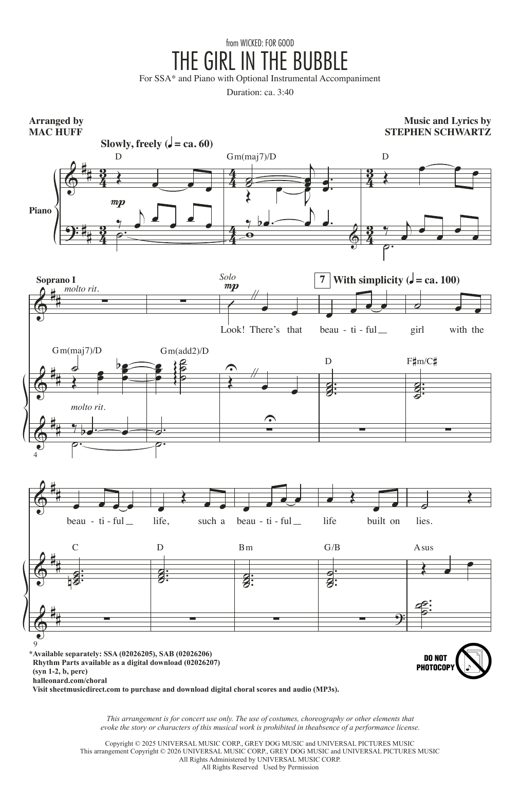 Ariana Grande The Girl In The Bubble (from Wicked: For Good) (arr. Mac Huff) Sheet Music Notes & Chords for SSA Choir - Download or Print PDF