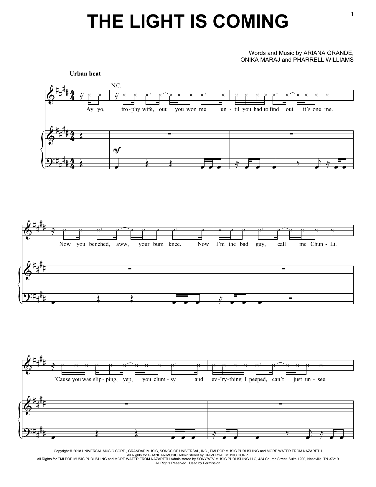 Ariana Grande The Light Is Coming (feat. Nicki Minaj) Sheet Music Notes & Chords for Piano, Vocal & Guitar (Right-Hand Melody) - Download or Print PDF
