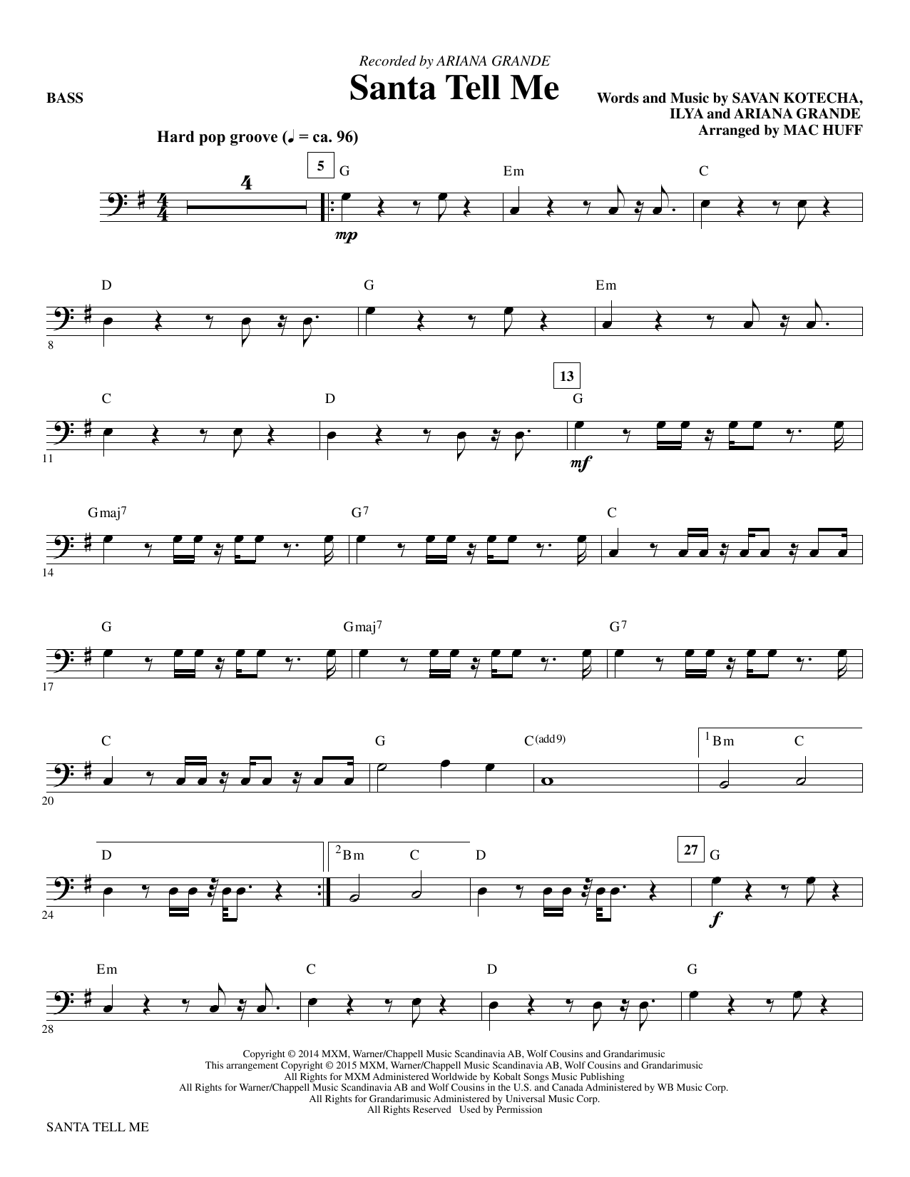 Preview Ariana Grande Santa Tell Me (Arr. Mac Huff) - Bass Christmas sheet music, notes and chords for Choir Instrumental Pak, SKU: 342601 Santa Tell Me (Arr. Mac Huff) - Bass sheet music
