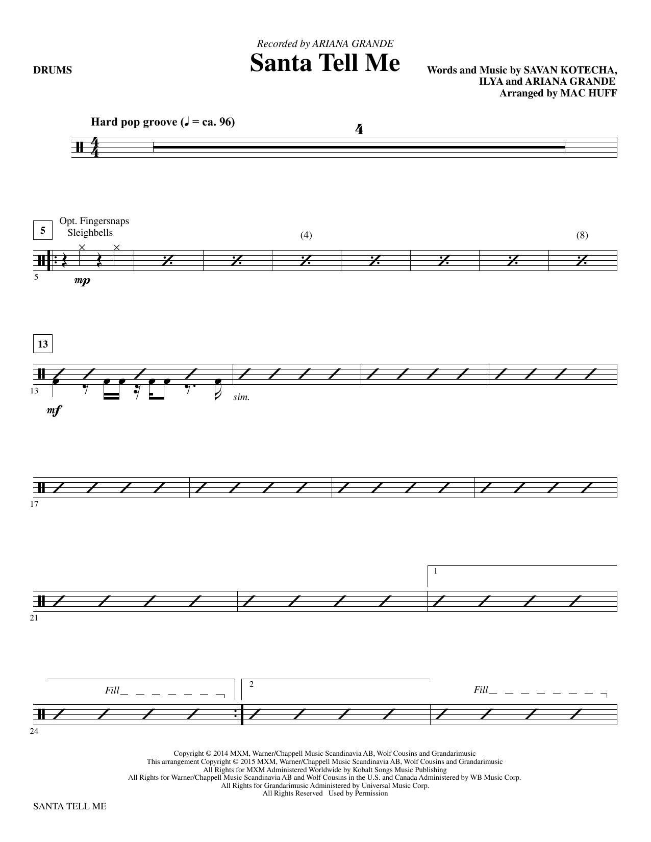 Preview Ariana Grande Santa Tell Me (Arr. Mac Huff) - Drums Christmas sheet music, notes and chords for Choir Instrumental Pak, SKU: 342602 Santa Tell Me (Arr. Mac Huff) - Drums sheet music