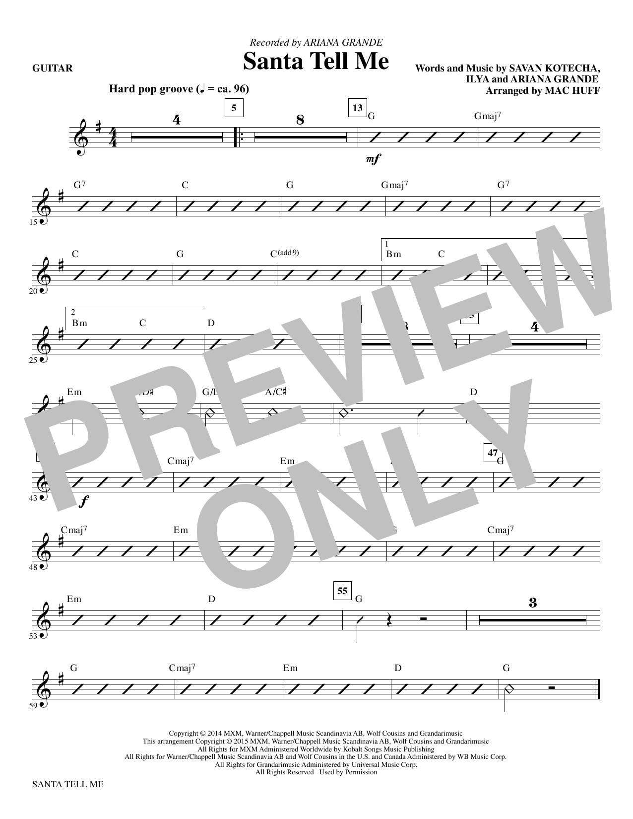 Preview Ariana Grande Santa Tell Me (Arr. Mac Huff) - Guitar Christmas sheet music, notes and chords for Choir Instrumental Pak, SKU: 342600 Santa Tell Me (Arr. Mac Huff) - Guitar sheet music