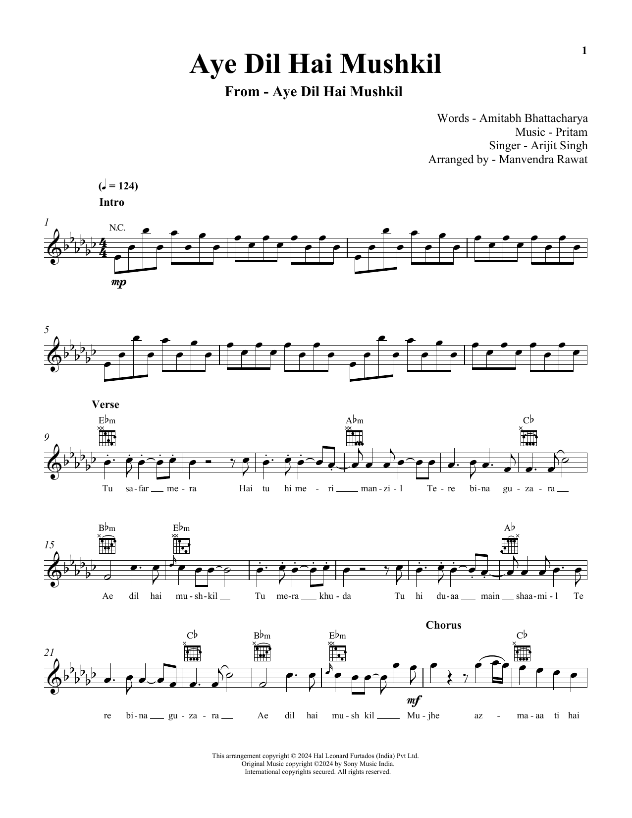 Arijit Singh Ae Dil Hai Mushkil Sheet Music Notes & Chords for Lead Sheet / Fake Book - Download or Print PDF