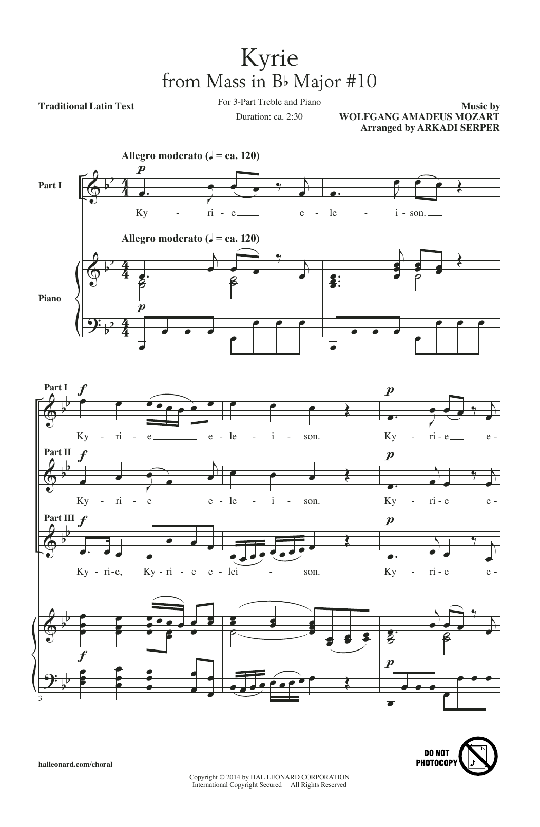 Arkadi Serper Kyrie (From The Mass In B-Flat Major #10) Sheet Music Notes & Chords for 3-Part Treble - Download or Print PDF
