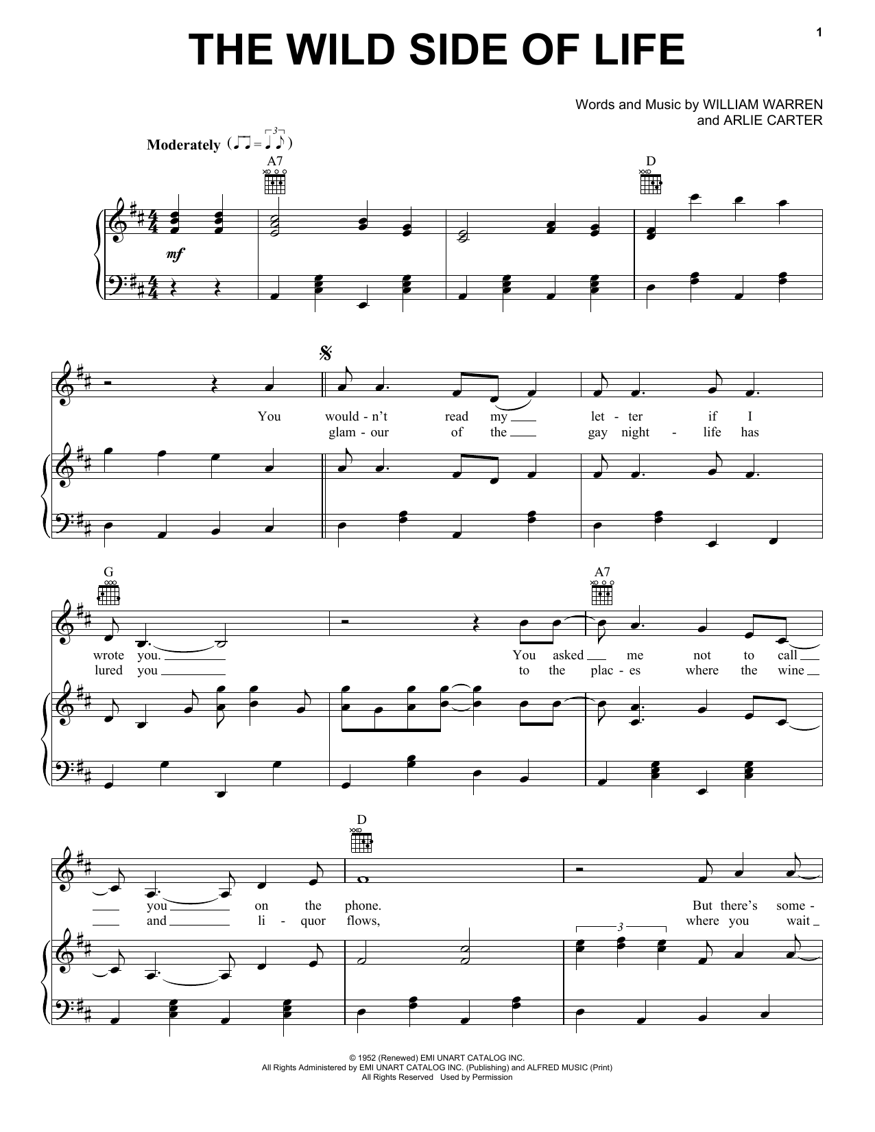 Arlie Carter The Wild Side Of Life Sheet Music Notes & Chords for Piano, Vocal & Guitar (Right-Hand Melody) - Download or Print PDF