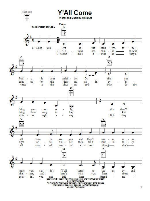 Arlie Duff Y'All Come Sheet Music Notes & Chords for Ukulele - Download or Print PDF