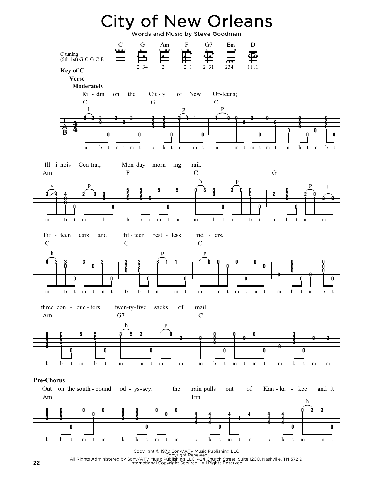 Arlo Guthrie City Of New Orleans Sheet Music Notes & Chords for Banjo - Download or Print PDF