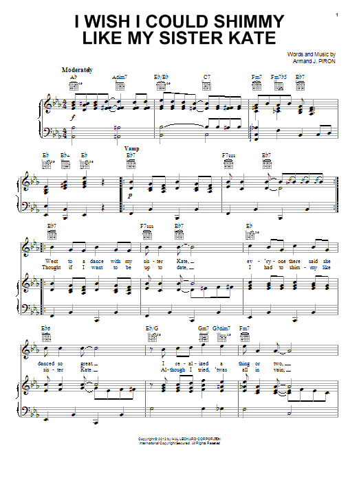 Armand J. Piron I Wish I Could Shimmy Like My Sister Kate Sheet Music Notes & Chords for Piano, Vocal & Guitar (Right-Hand Melody) - Download or Print PDF