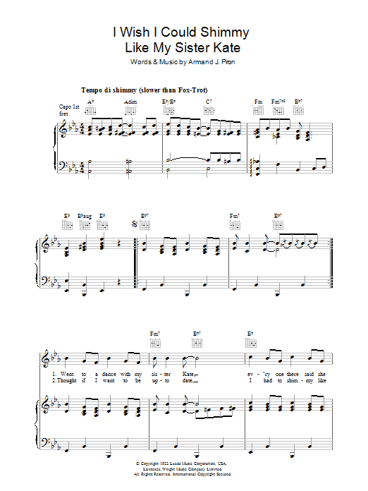 Armand Piron I Wish I Could Shimmy Like My Sister Kate Sheet Music Notes & Chords for Piano, Vocal & Guitar (Right-Hand Melody) - Download or Print PDF