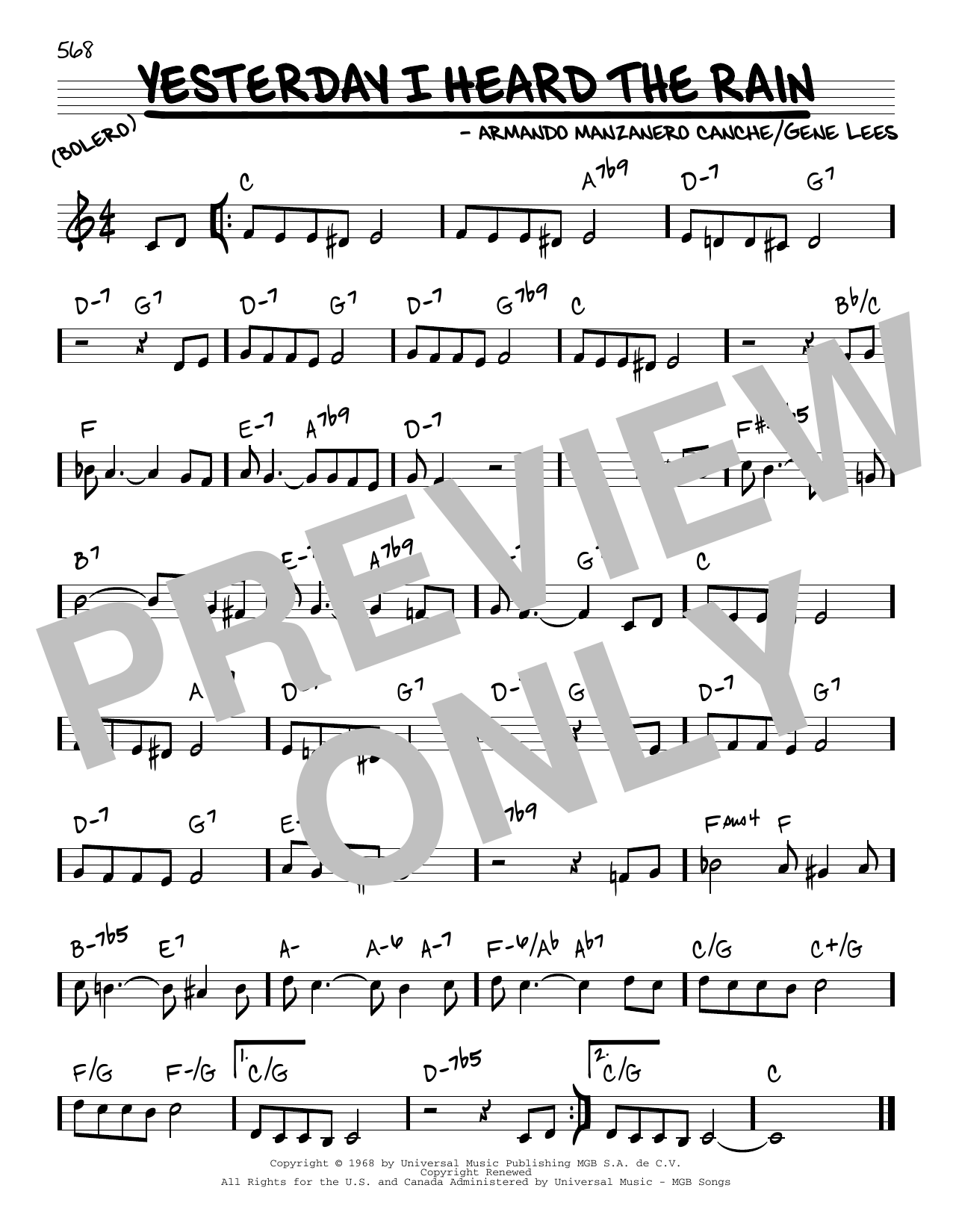 Armando Manzanero Canche and Gene Lees Yesterday I Heard The Rain Sheet Music Notes & Chords for Real Book – Melody & Chords - Download or Print PDF