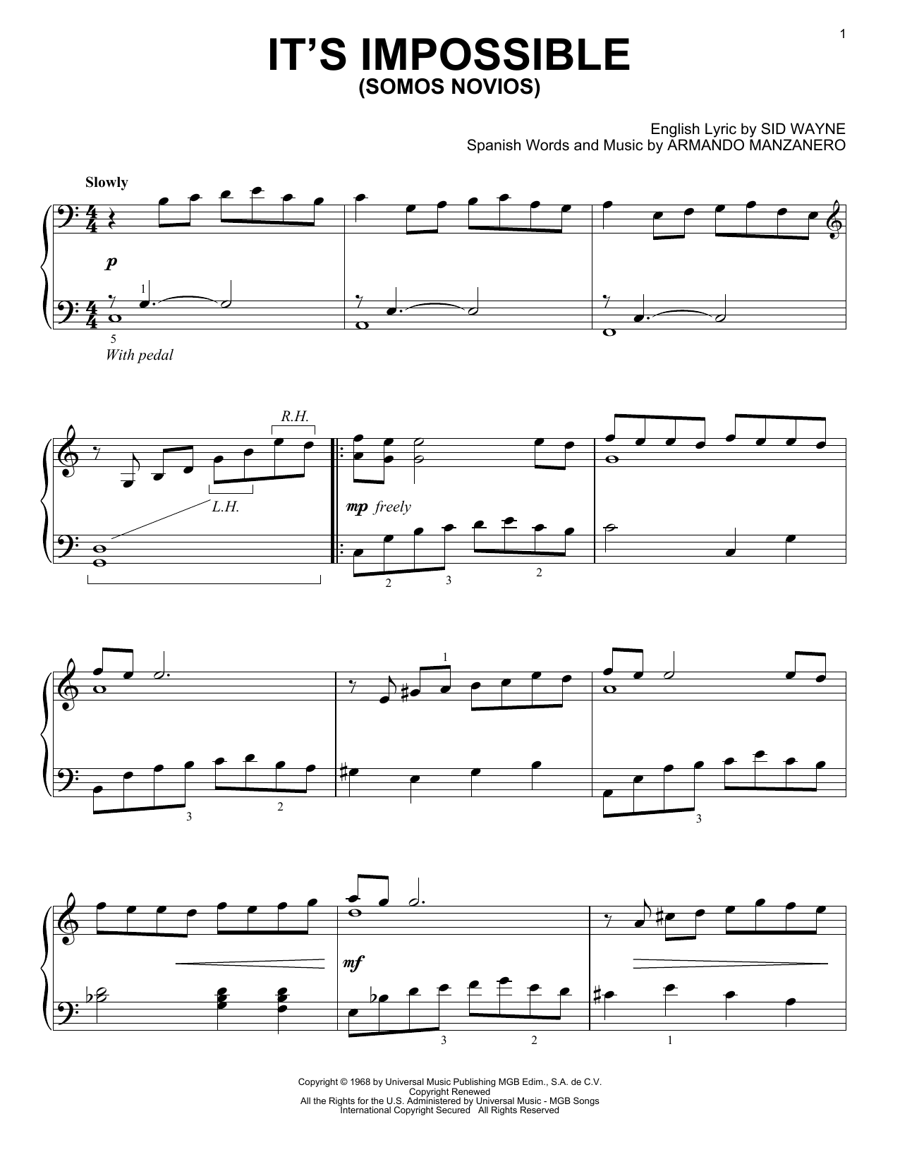 Armando Manzanero It's Impossible (Somos Novios) Sheet Music Notes & Chords for Piano - Download or Print PDF