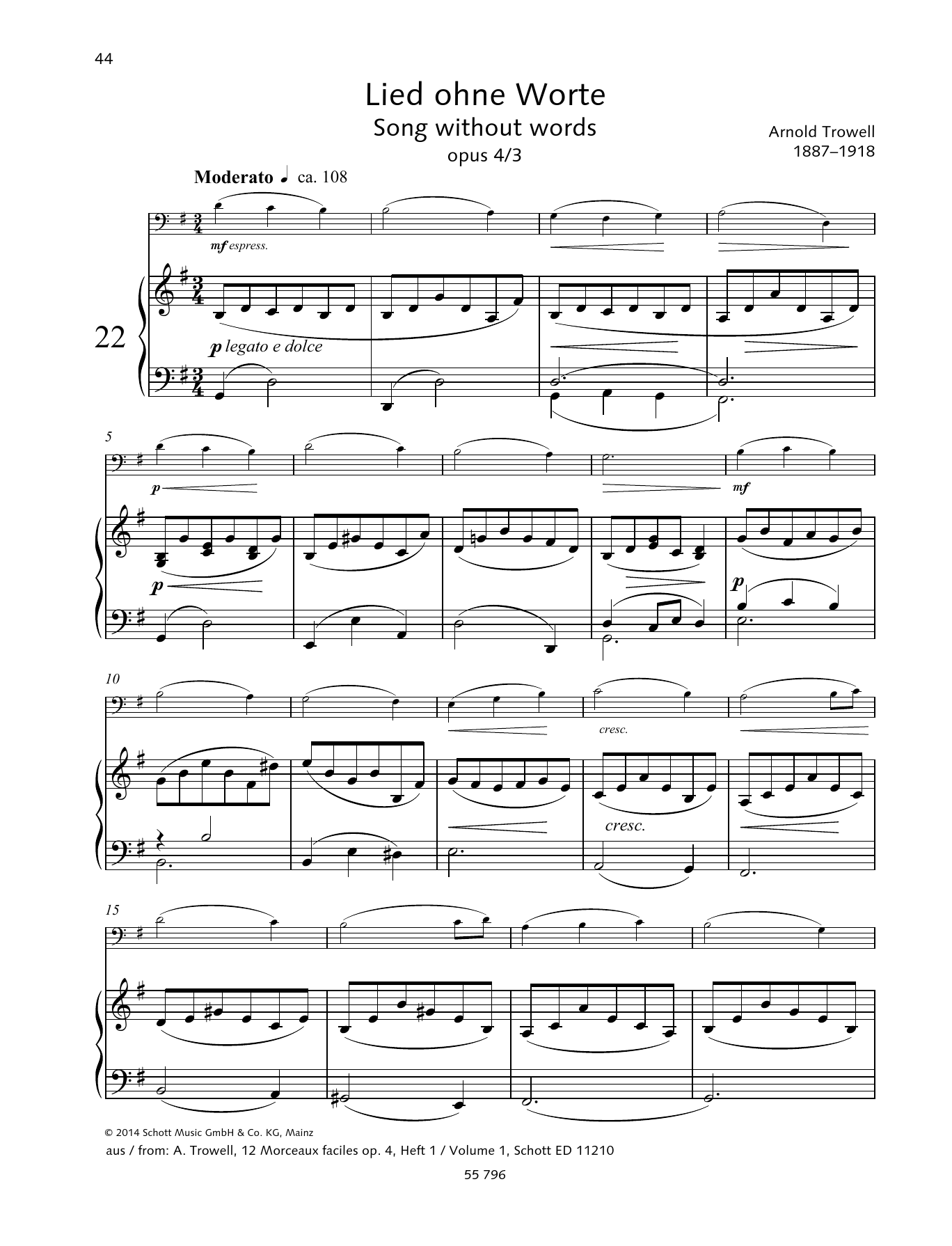 Arnold Trowell Song Without Words Sheet Music Notes & Chords for String Solo - Download or Print PDF