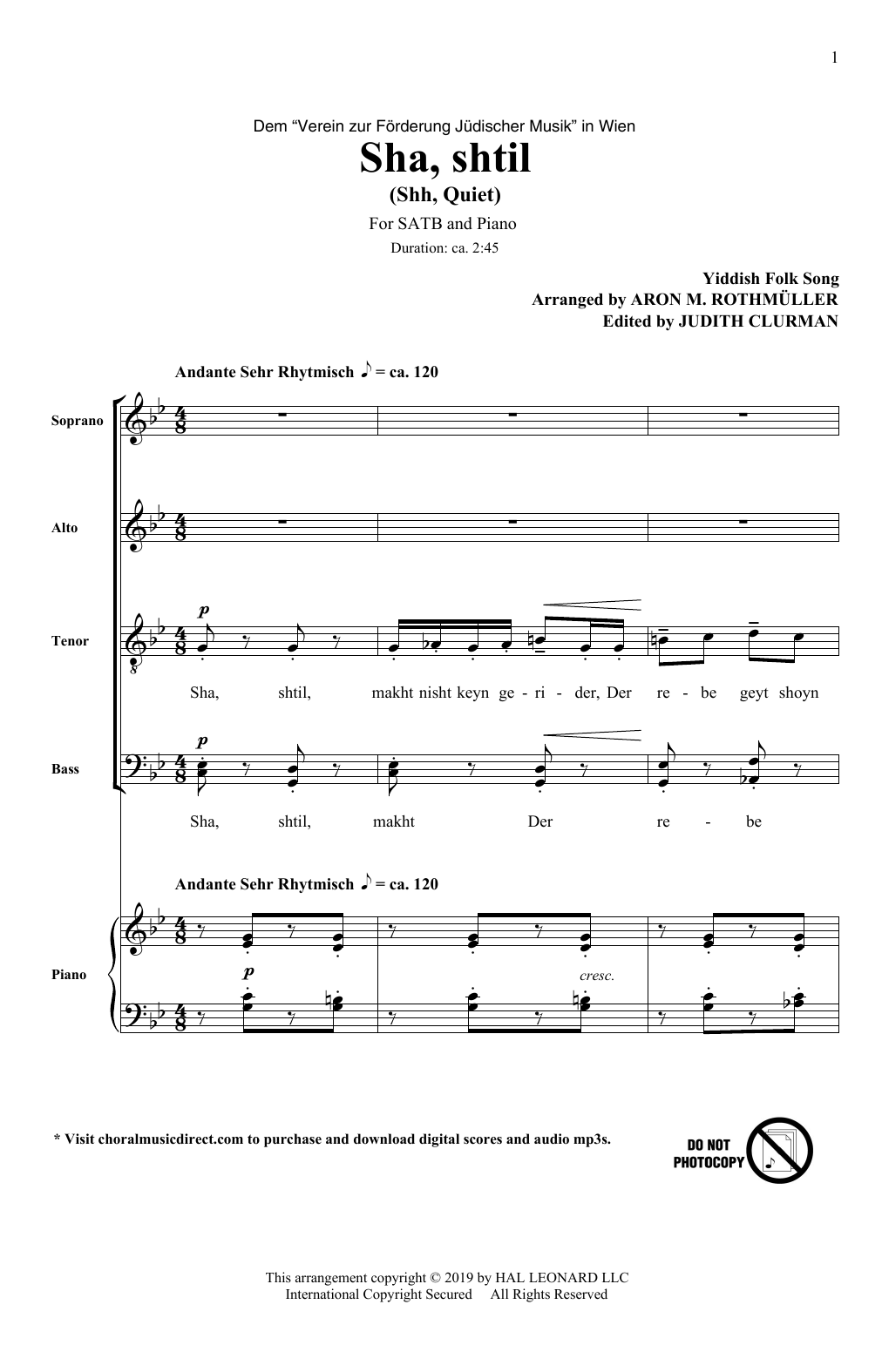 Aron M. Rothmuller Sha, Shtil Sheet Music Notes & Chords for SATB Choir - Download or Print PDF
