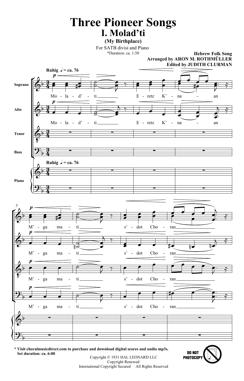 Aron M. Rothmuller Three Pioneer Songs Sheet Music Notes & Chords for SATB Choir - Download or Print PDF