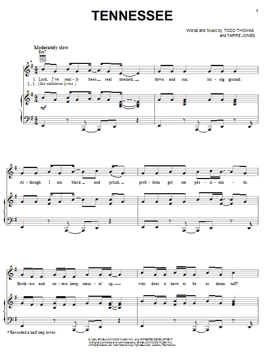 Arrested Development Tennessee Sheet Music Notes & Chords for Piano, Vocal & Guitar (Right-Hand Melody) - Download or Print PDF