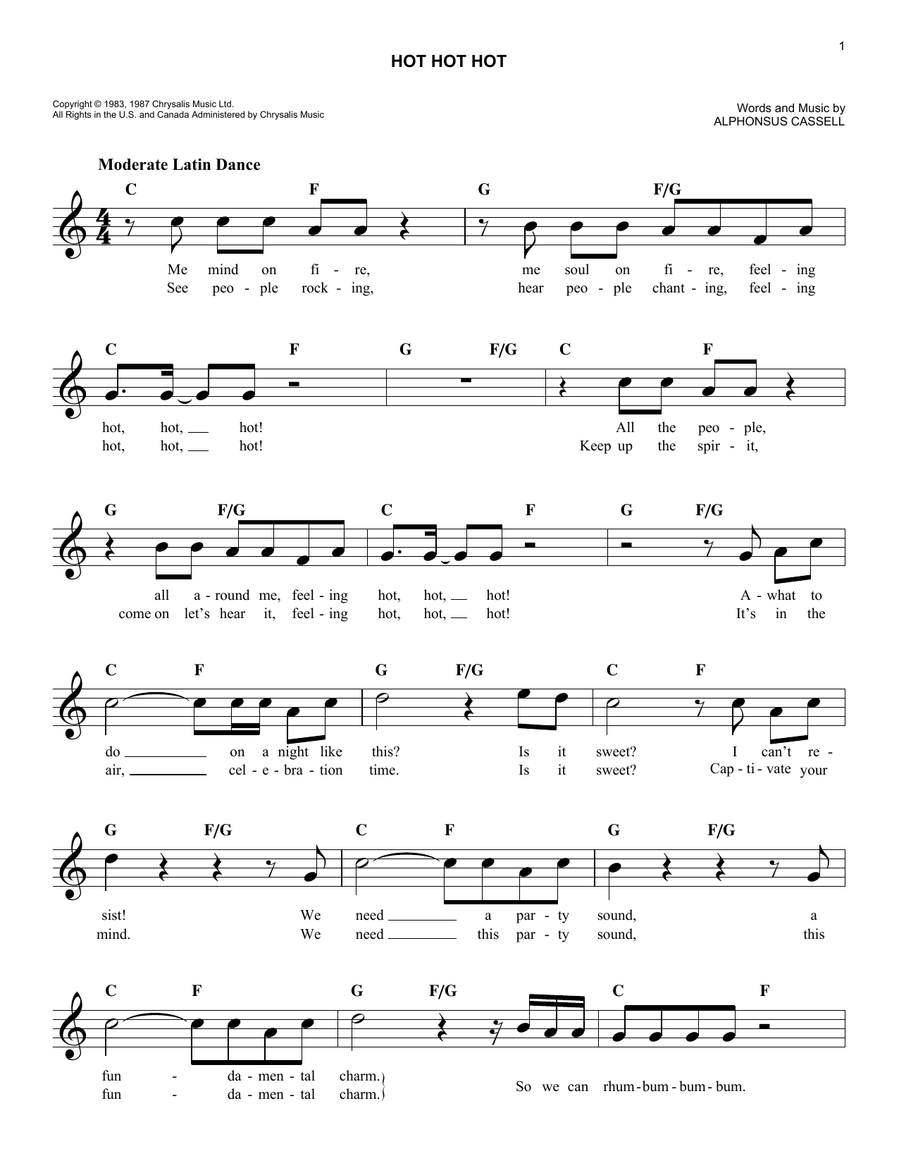 Arrow Hot Hot Hot Sheet Music Notes & Chords for Melody Line, Lyrics & Chords - Download or Print PDF