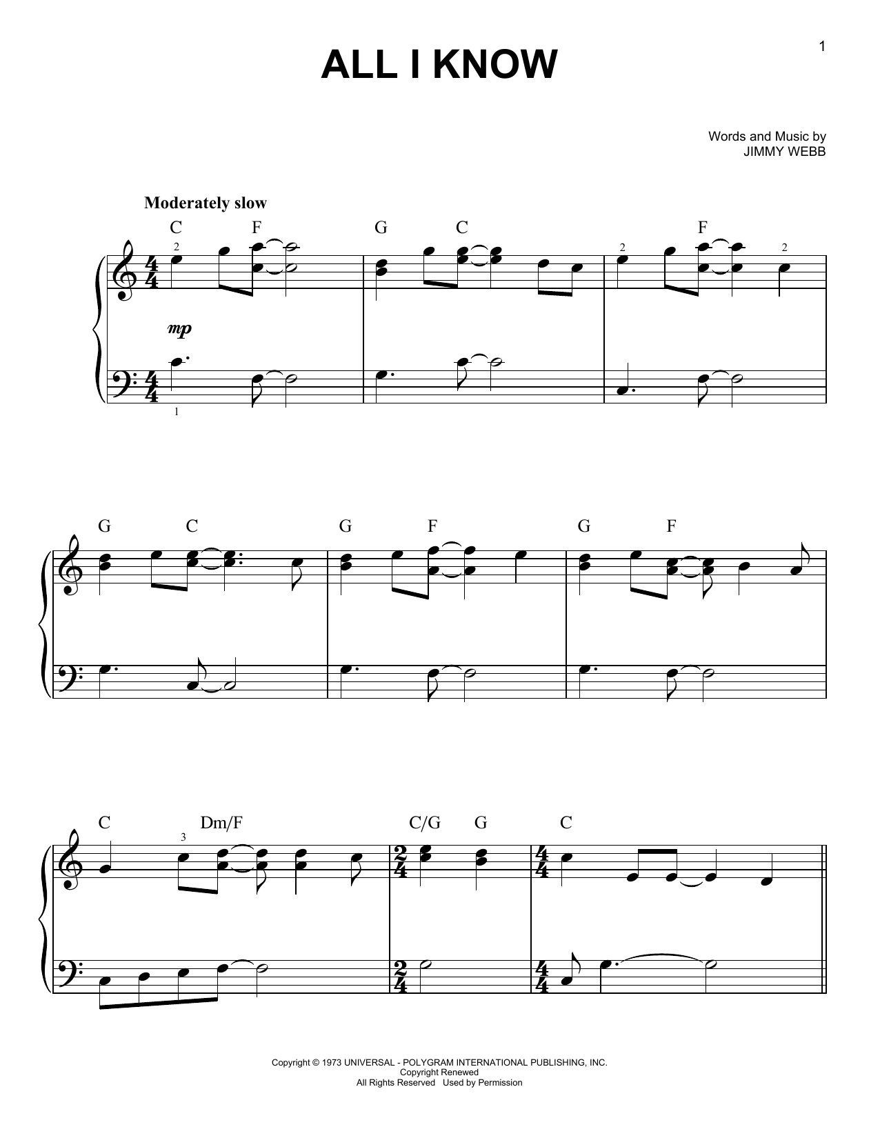Art Garfunkel All I Know Sheet Music Notes & Chords for Very Easy Piano - Download or Print PDF