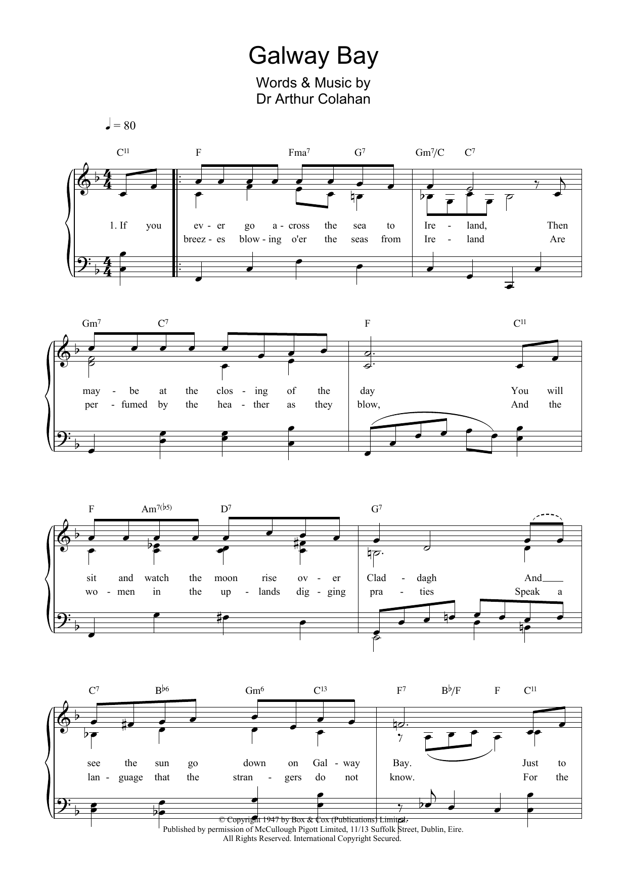 Arthur Colahan Galway Bay Sheet Music Notes & Chords for Piano, Vocal & Guitar (Right-Hand Melody) - Download or Print PDF