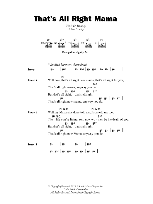 Arthur Crudup That's All Right Mama Sheet Music Notes & Chords for Lyrics & Chords - Download or Print PDF