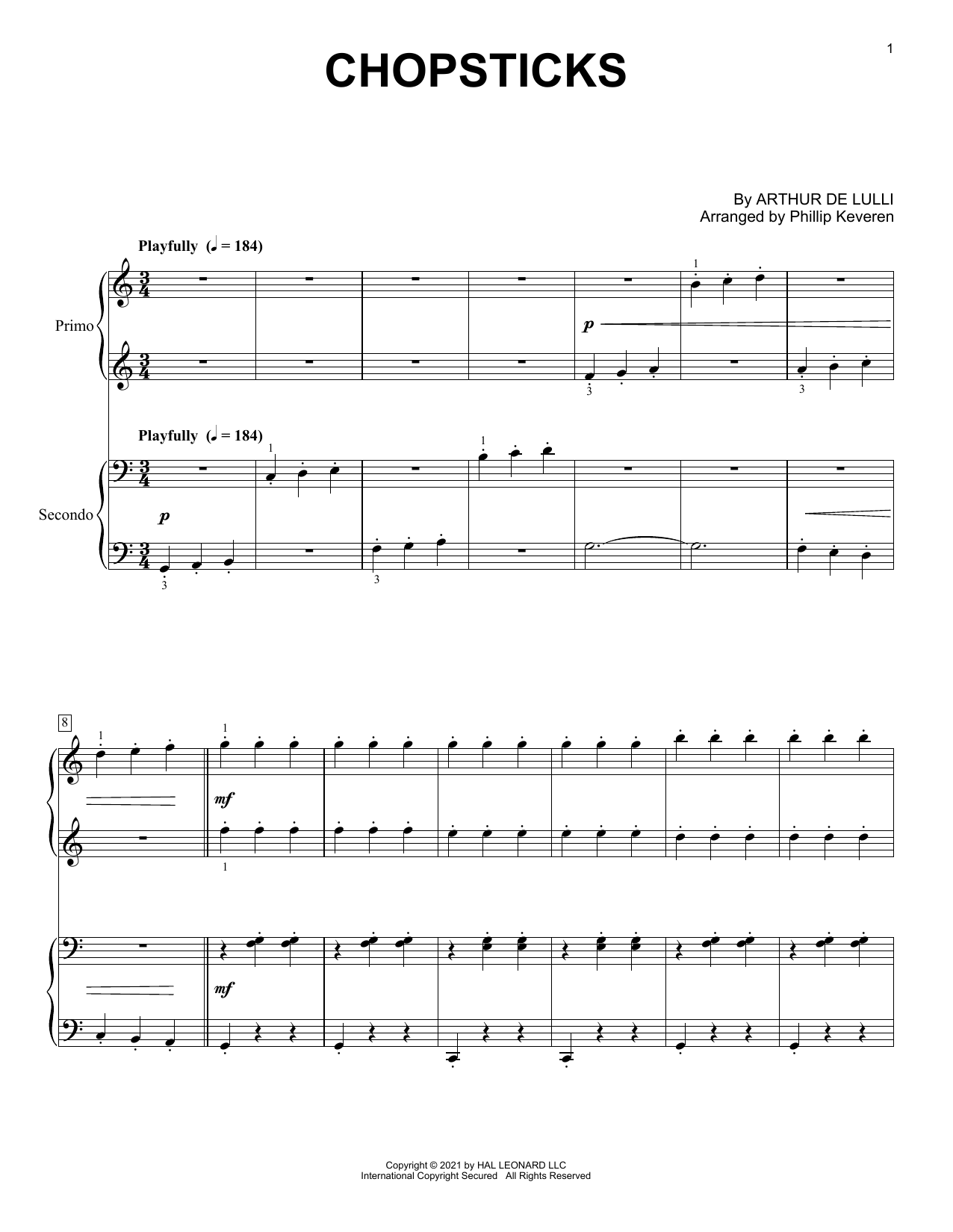 Arthur de Lulli Chopsticks (arr. Phillip Keveren) Sheet Music Notes & Chords for Piano Duet - Download or Print PDF