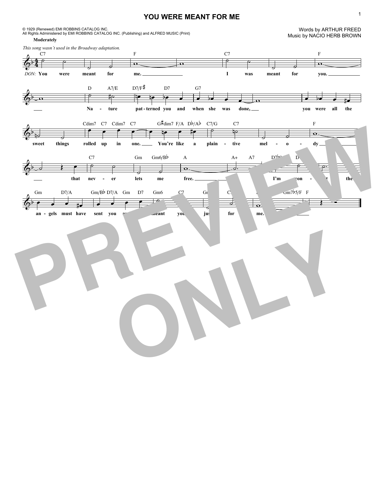 Arthur Freed You Were Meant For Me Sheet Music Notes & Chords for Melody Line, Lyrics & Chords - Download or Print PDF