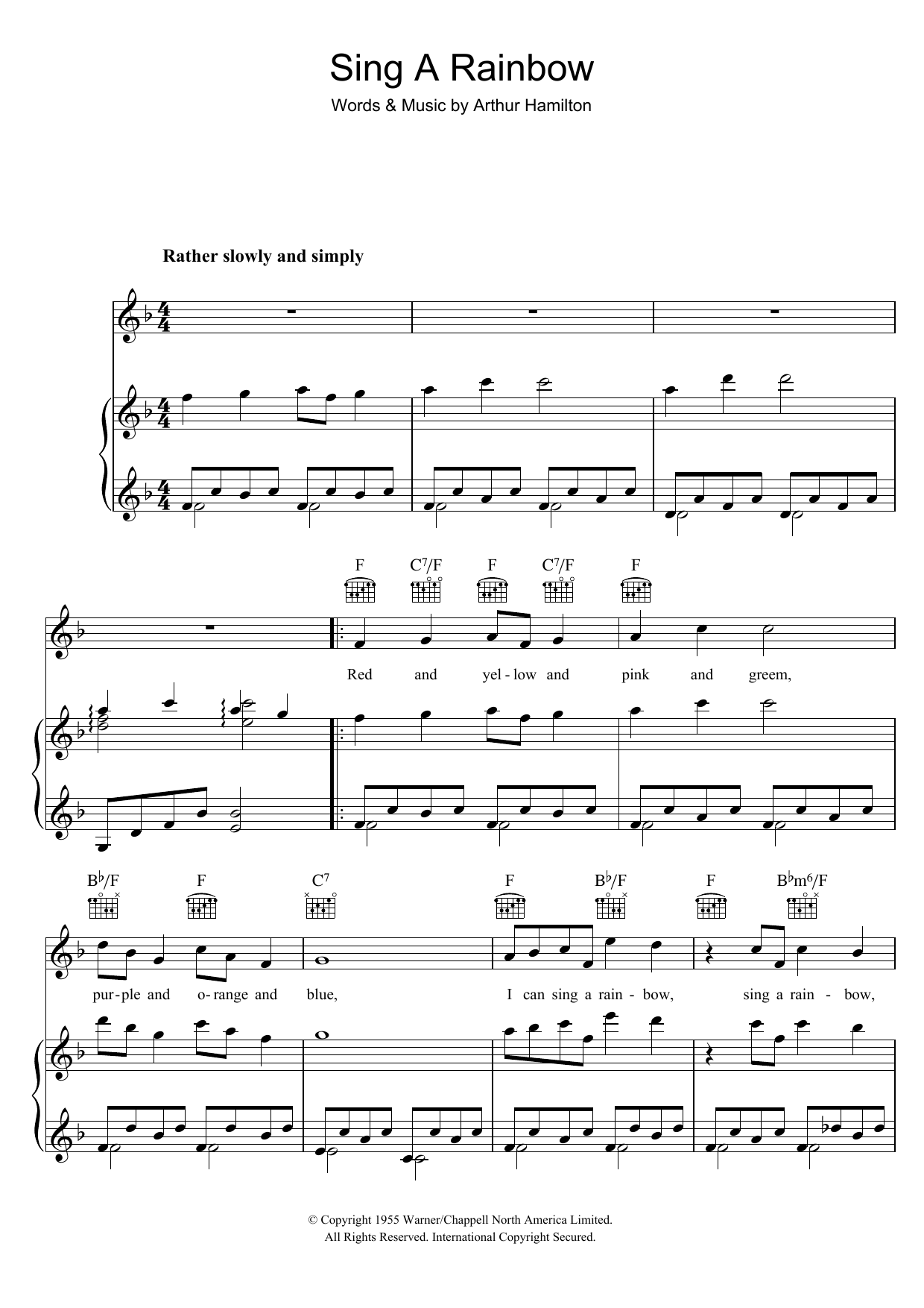 Arthur Hamilton Sing A Rainbow Sheet Music Notes & Chords for Piano, Vocal & Guitar (Right-Hand Melody) - Download or Print PDF