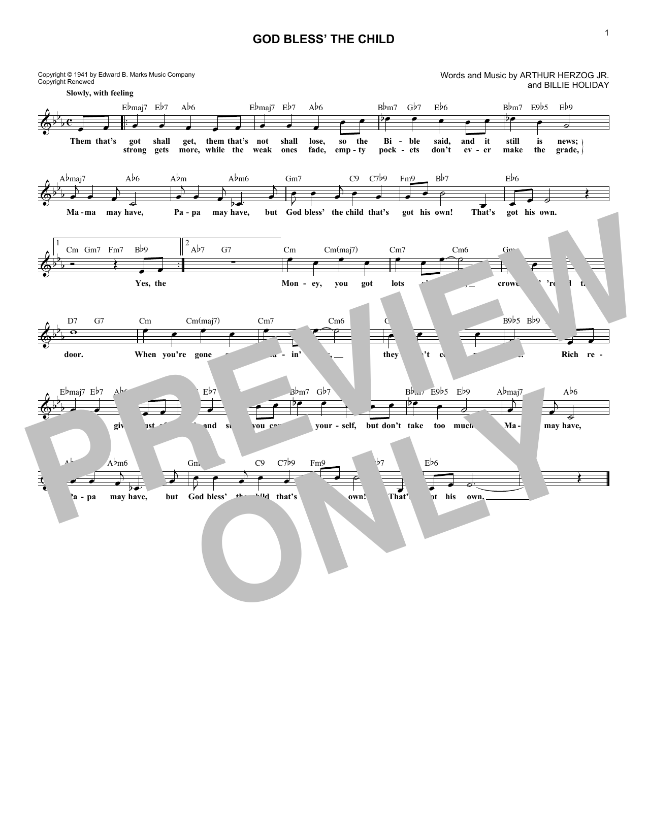 Arthur Herzog Jr. God Bless' The Child Sheet Music Notes & Chords for Lead Sheet / Fake Book - Download or Print PDF