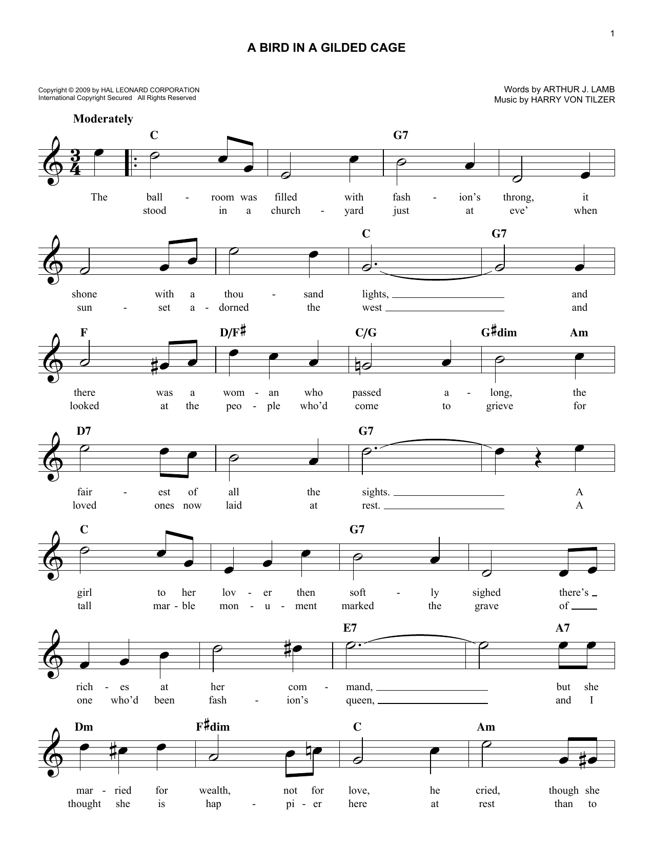 Arthur J. Lamb A Bird In A Gilded Cage Sheet Music Notes & Chords for Melody Line, Lyrics & Chords - Download or Print PDF
