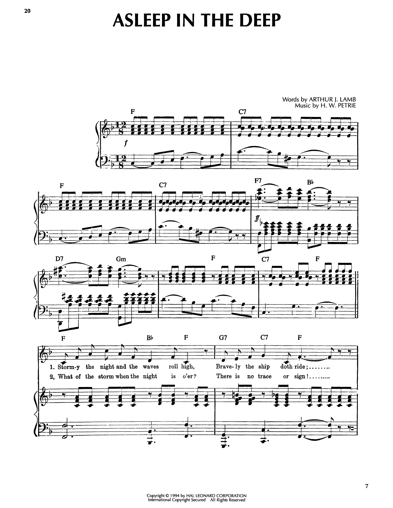 Arthur J. Lamb Asleep In The Deep Sheet Music Notes & Chords for Piano, Vocal & Guitar Chords (Right-Hand Melody) - Download or Print PDF