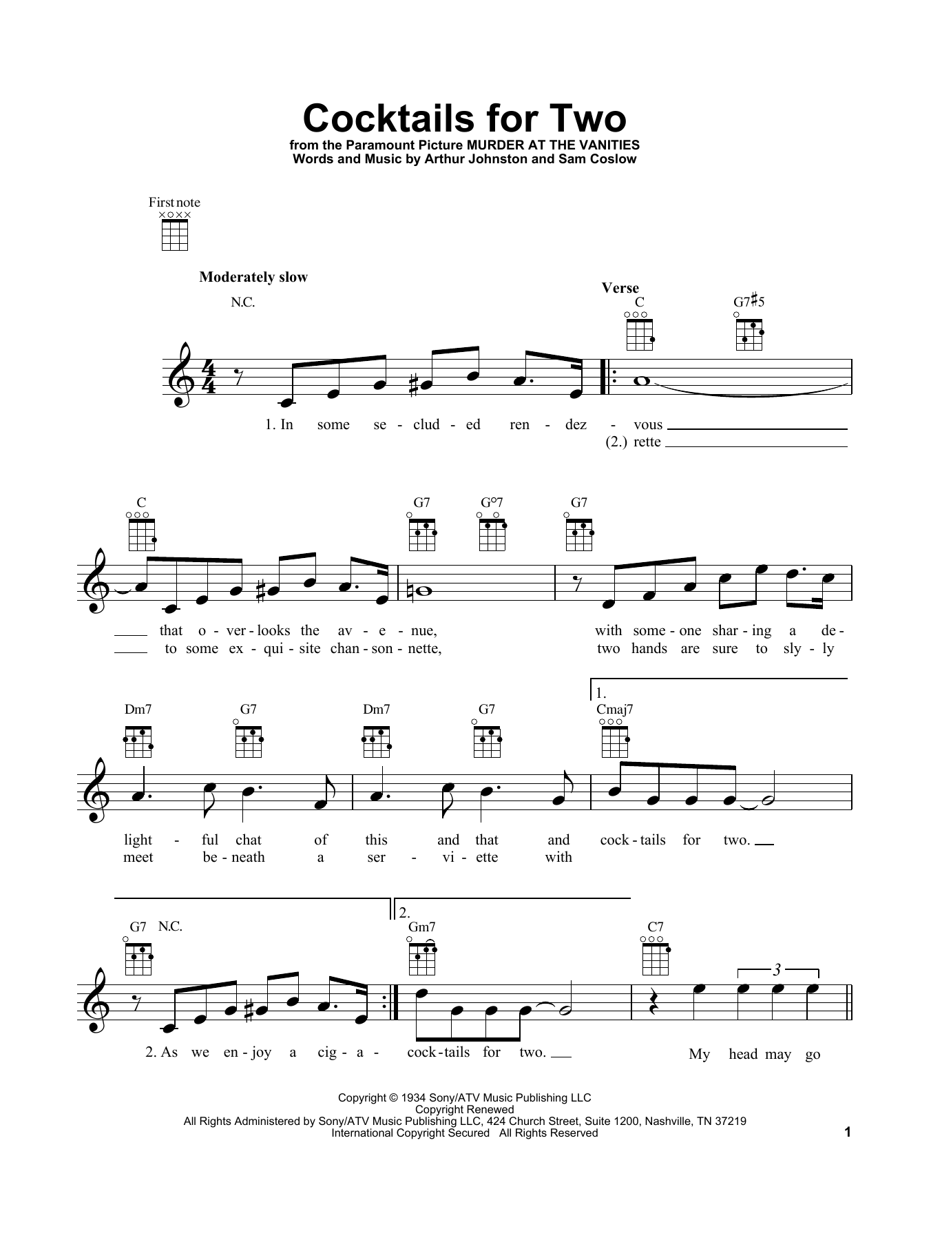 Arthur Johnston Cocktails For Two Sheet Music Notes & Chords for Melody Line, Lyrics & Chords - Download or Print PDF