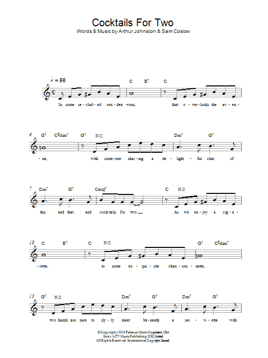 Arthur Johnston Cocktails For Two Sheet Music Notes & Chords for Melody Line, Lyrics & Chords - Download or Print PDF