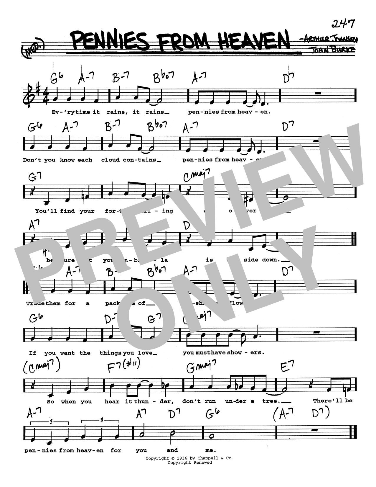 Arthur Johnston Pennies From Heaven (Low Voice) Sheet Music Notes & Chords for Real Book – Melody, Lyrics & Chords - Download or Print PDF