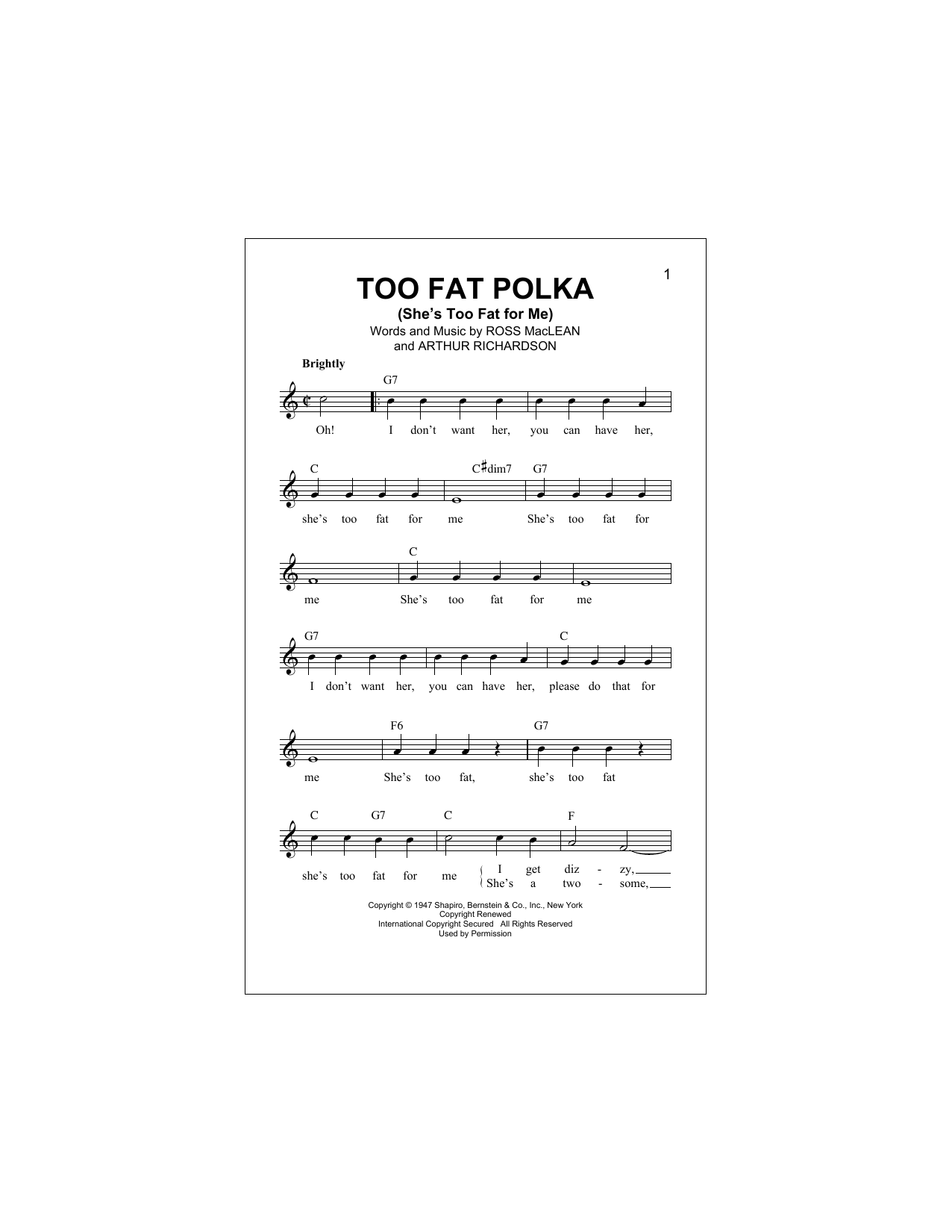 Arthur Richardson Too Fat Polka (She's Too Fat For Me) Sheet Music Notes & Chords for Melody Line, Lyrics & Chords - Download or Print PDF