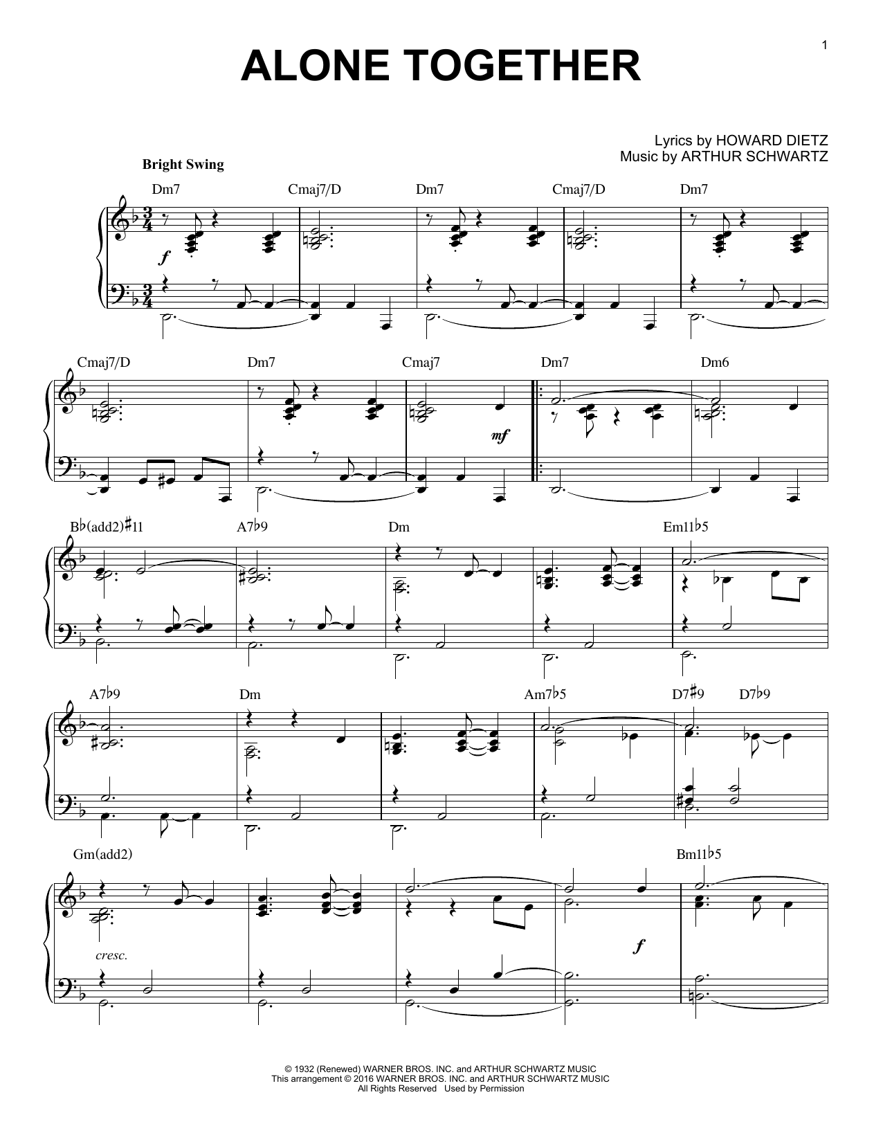 Arthur Schwartz Alone Together (arr. Brent Edstrom) Sheet Music Notes & Chords for Piano - Download or Print PDF