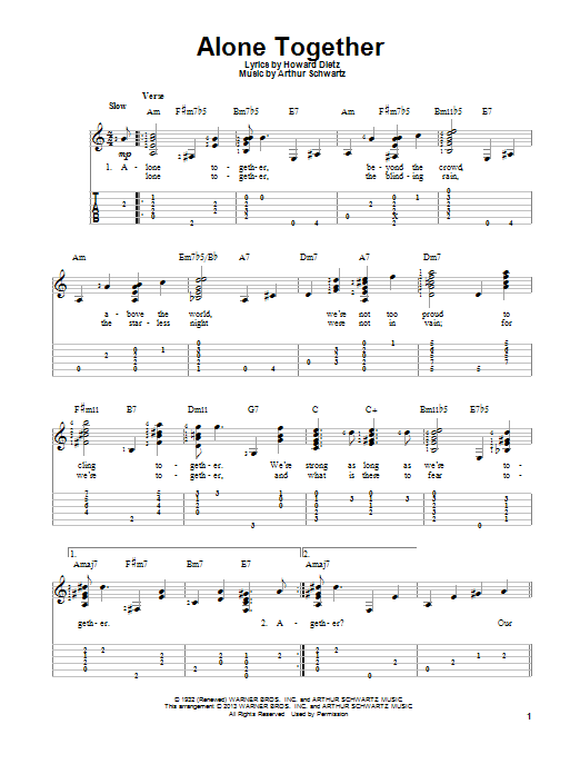 Arthur Schwartz Alone Together Sheet Music Notes & Chords for Easy Guitar - Download or Print PDF