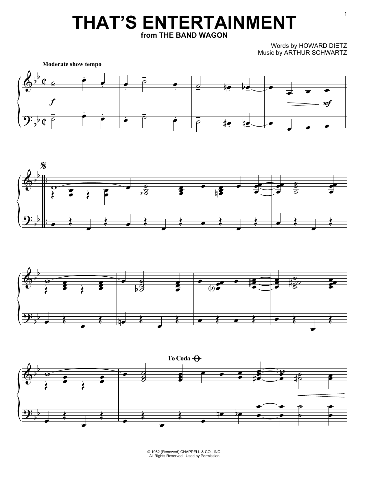 Arthur Schwartz That's Entertainment Sheet Music Notes & Chords for Piano - Download or Print PDF