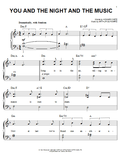 Arthur Schwartz You And The Night And The Music Sheet Music Notes & Chords for Easy Piano - Download or Print PDF
