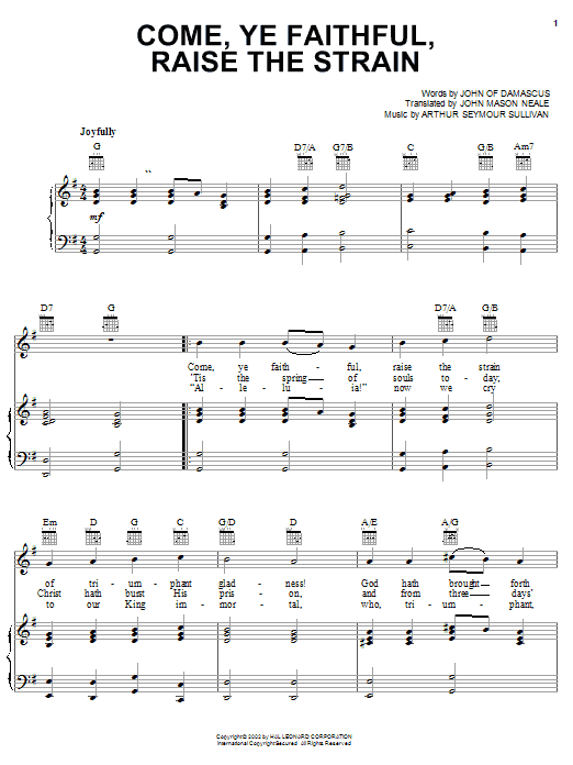 Arthur Seymour Sullivan Come, Ye Faithful, Raise The Strain Sheet Music Notes & Chords for Piano, Vocal & Guitar (Right-Hand Melody) - Download or Print PDF