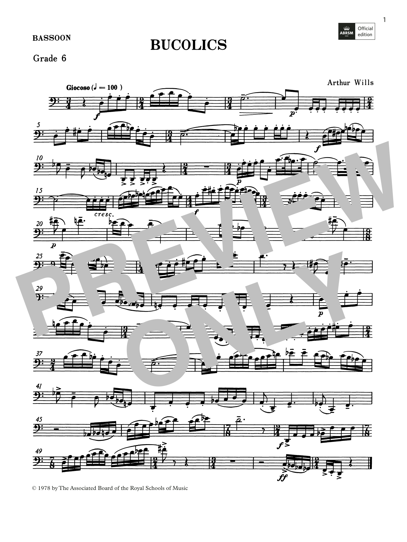 Arthur Wills Bucolics (Grade 6 List C10 from the ABRSM Bassoon syllabus from 2022) Sheet Music Notes & Chords for Woodwind Solo - Download or Print PDF