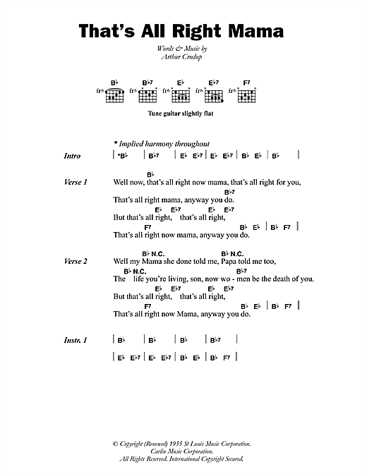 Arthur Crudup That's All Right Mama Sheet Music Notes & Chords for Lyrics & Chords - Download or Print PDF