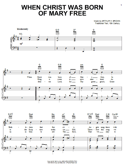 Preview Arthur H. Brown When Christ Was Born Of Mary Free Christmas sheet music, notes and chords for Piano, Vocal & Guitar (Right-Hand Melody), SKU: 24554 sheet music, piano notes, chords, guitar tabs, score, transpose, transcribe, how to play, guide, download, learn, tutorial, progression, song, artist, awards, billboard, mtv, vh1, tour, single, album, release